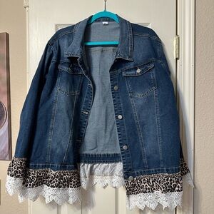 Chic Blue Denim Jacket with Lace and Leopard Accents
